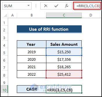 Use of RRI function to Calculate 3 Year CAGR with Formula in Excel