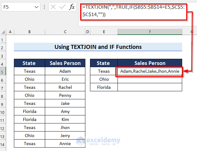 Using TEXTJOIN Function to Concatenate If Match in Excel