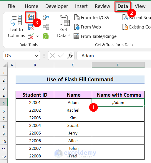 Selecting the Flash Fill Command to Add Comma Before Text in Excel