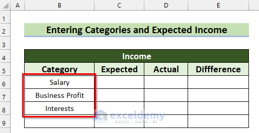 Enter Categories to Create Zero Based Budget in Excel