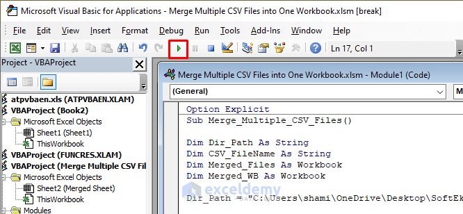 click on Run to merge multiple csv files into one excel workbook