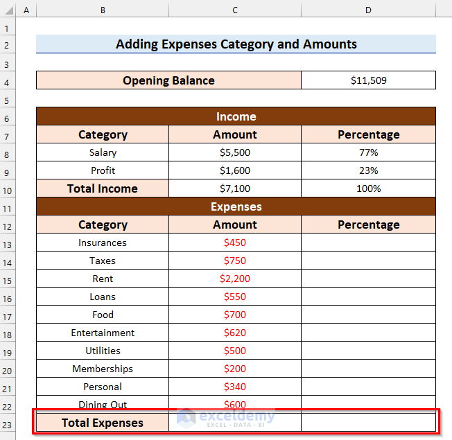 Creating Section for Total Expenses to Create a Personal Cash Flow Statement in Excel