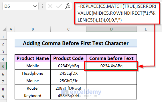 Using REPLACE, MATCH, VALUE, ROW and other Functions to Add Comma Before Text in Excel