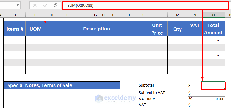 Using SUM function in Proforma Invoice for Advance Payment in Excel