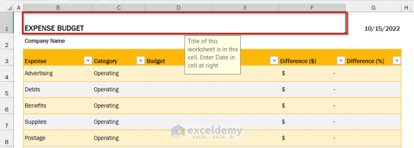 Changing Headers in Excel Tamplates to Create Budget and Expense Tracker in Excel