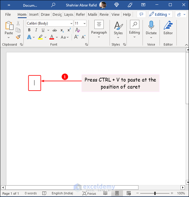 pasting data at the position of caret