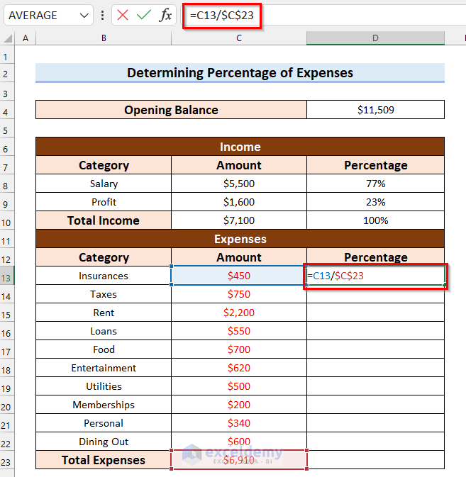 Determine Percentage of Expenses