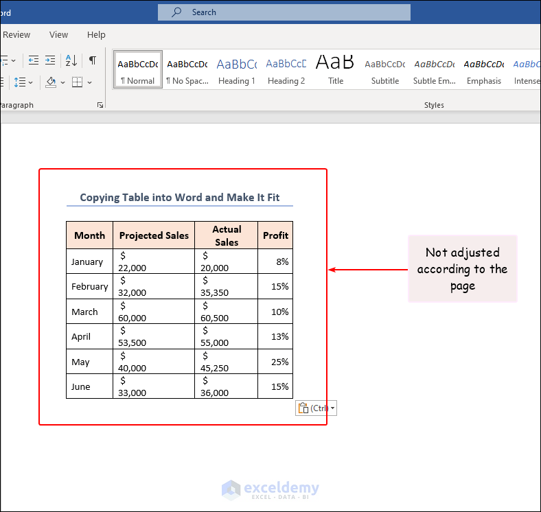 data table pasted in word but not adjusted with page