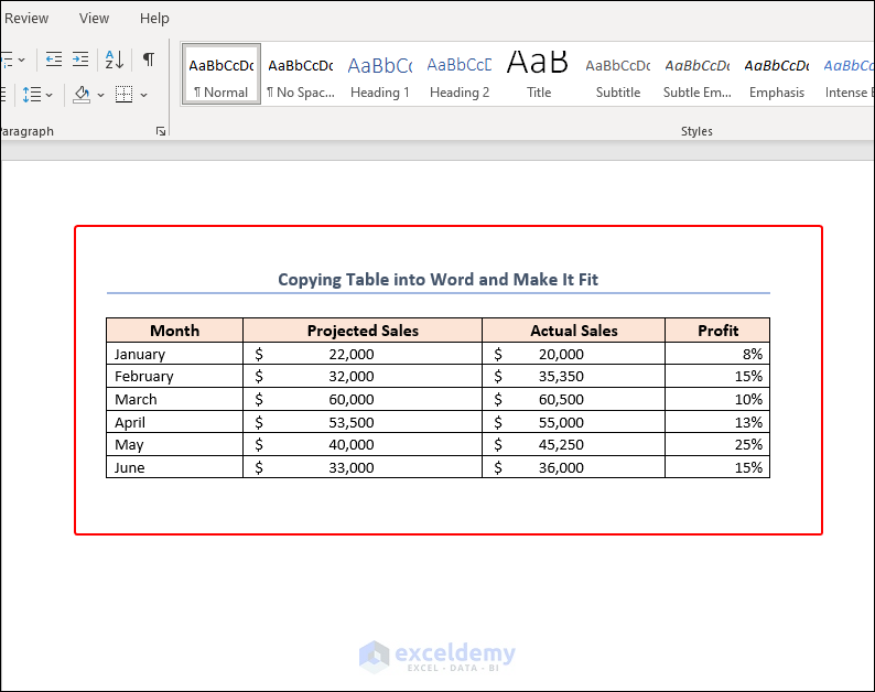 making copied excel table fit into word