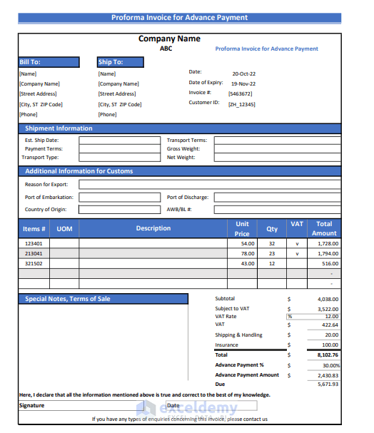 Example of Proforma Invoice for Advance Payment in Excel