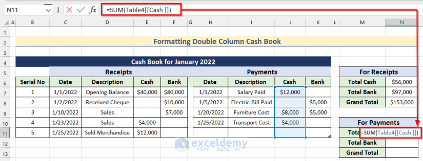 Determining Total Cash for Payments to Format Double Column Cash Book in Excel