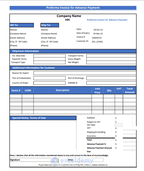 Formatted Proforma Invoice for Advance Payment in Excel