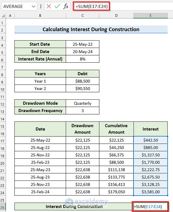 Calculating Interest During Construction in Excel