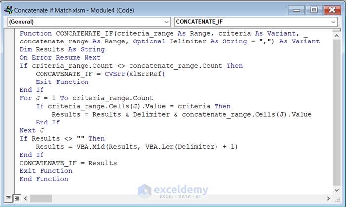 VBA Code for User Defined Functio to Concatenate If Match in Excel
