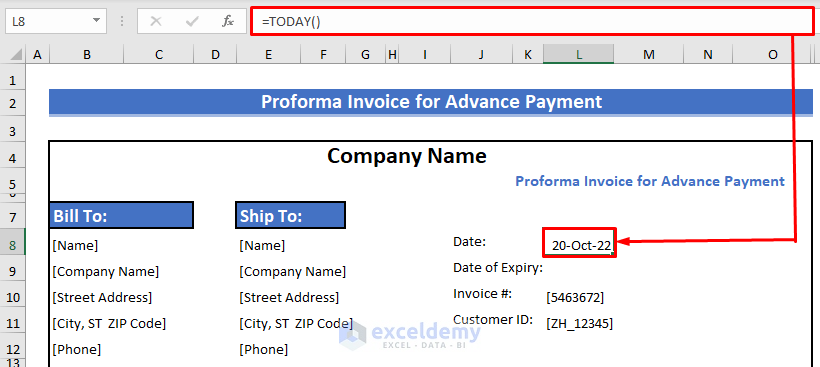 Using TODAY function for Proforma Invoice for Advance Payment in Excel