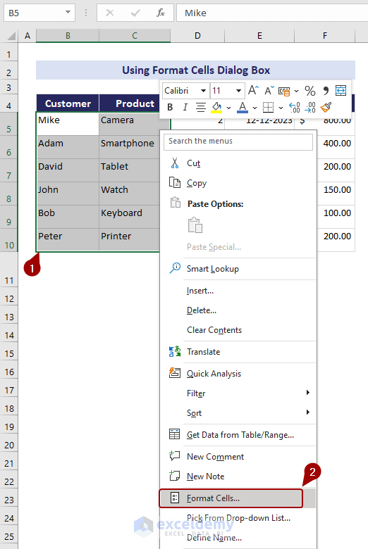 Select Format Cells from context menu