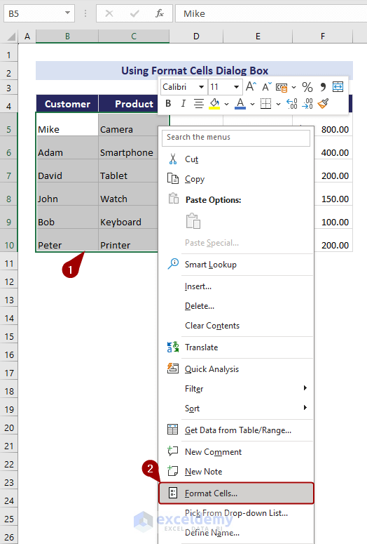 Selecting Format Cells from context menu