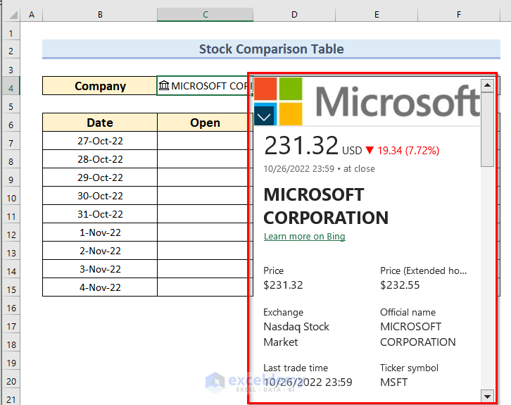 Include Stock in Excel to create Comparison Chart 