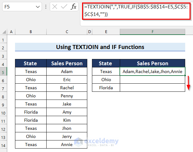 Dragging Fill Handle to Copy Formula for Concatenate If Match in Excel