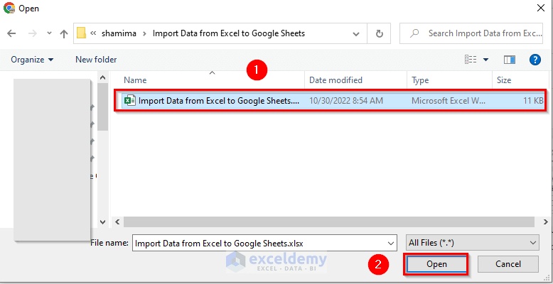 Opening Excel file to import data to google sheets
