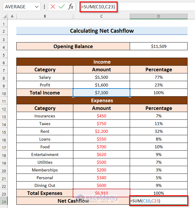 Calculating Net Cashflow to Create a Personal Cash Flow Statement in Excel