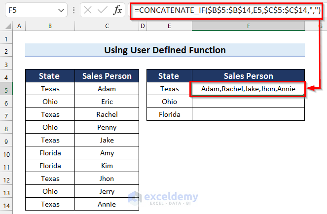 Using CONCATENATE_IF function to Concatenate Cell Values if Match in Excel