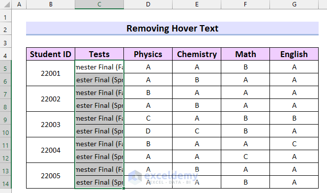 How to Remove Hover Text in Excel