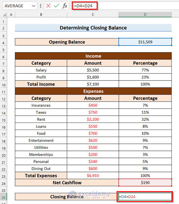 Determining Closing Balance to Create a Personal Cash Flow Statement in Excel