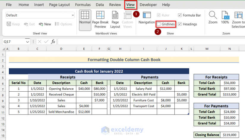 Turning Off Gridlines to Format Double Column Cash Book in Excel