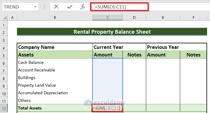 Calculation for Rental Property Balance Sheet in Excel