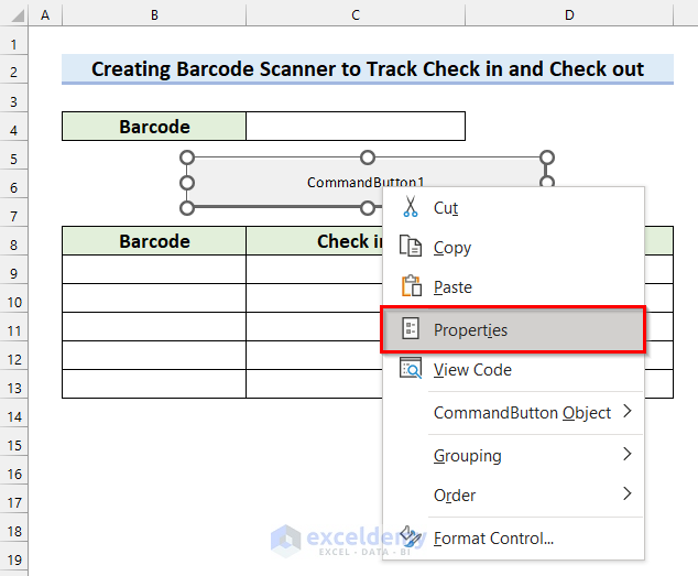 Changing Properties of Command Button to Create Barcode Scanner to Track Check in and Check out in Excel