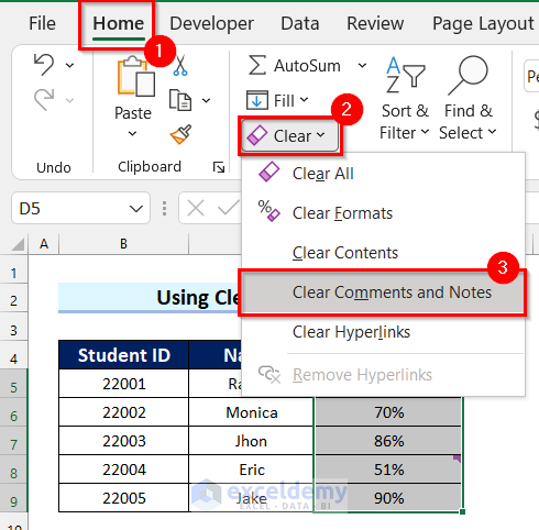 Going to Home Tab When you Cannot Delete Comment in Excel