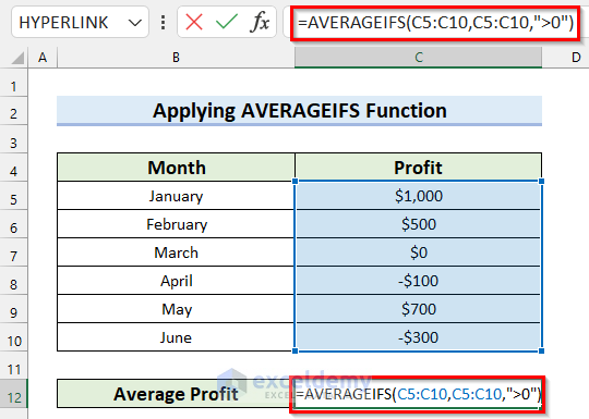 Applying AVERAGEIFS Function in Excel to Average Values Greater Than Zero