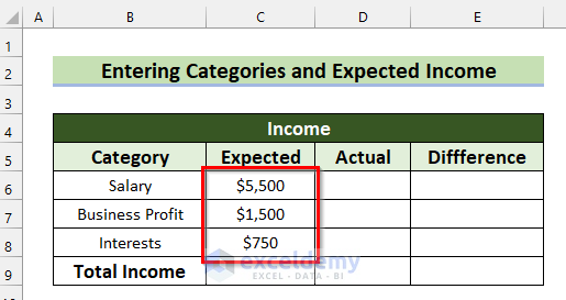 Entering Expected Income to Create a Zero Based Budget in Excel