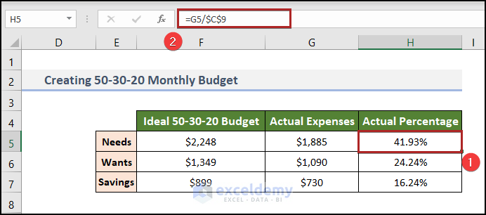 Calculating Actual Percentage in 50 30 20 Budget Spreadsheet in Excel