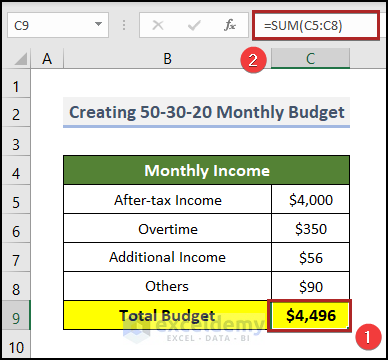 Calculate Monthly Income in 50 30 20 Budget Spreadsheet in Excel