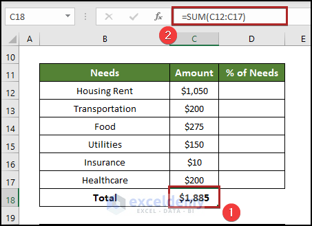 Calculating Total Needs in 50 30 20 Budget Spreadsheet in Excel