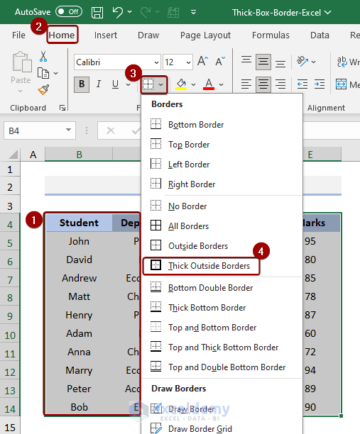 Selecting Thick Outside Border from Border Drop-down