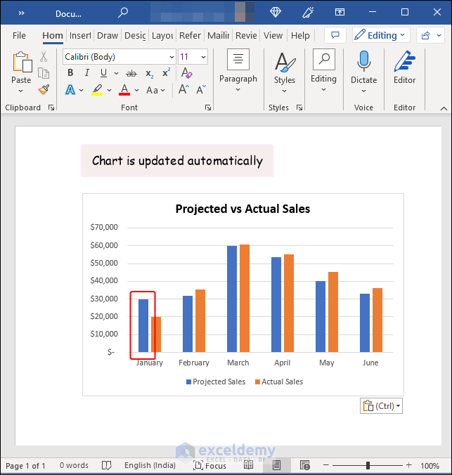 chart is updated automatically in Word