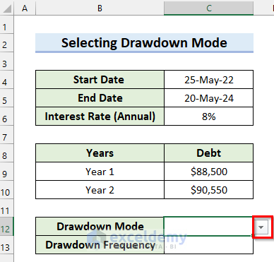 Drop-down button for Calculation of Interest During Construction in Excel