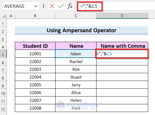 Insert Comma Before Text Using Ampersand Operator in Excel