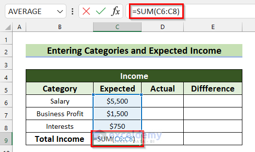 Using SUM Function to Create Zero Based Budget in Excel