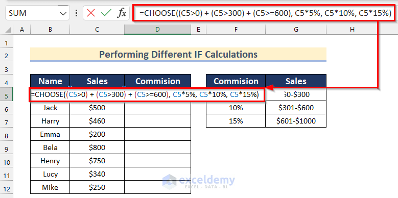 Apply Excel CHOOSE Function to Perform Different IF Calculations