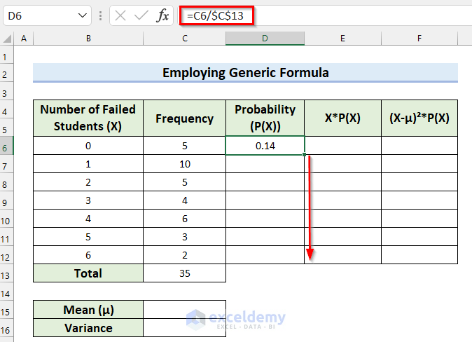 Dragging Fill Handle to Copy the Formula for Probability to find Variance of Probability Distribution in Excel