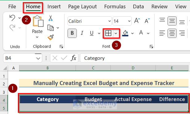 Inserting Borders to Create Budget and Expense Tracker in Excel