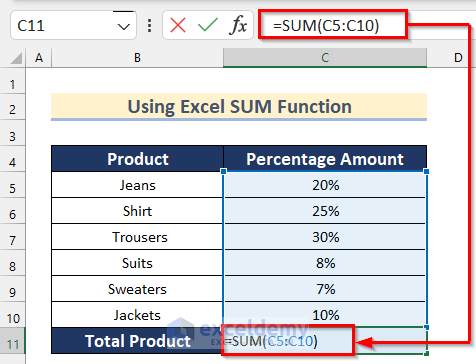 Use Excel SUM Function to Get Total Percentage from Multiple