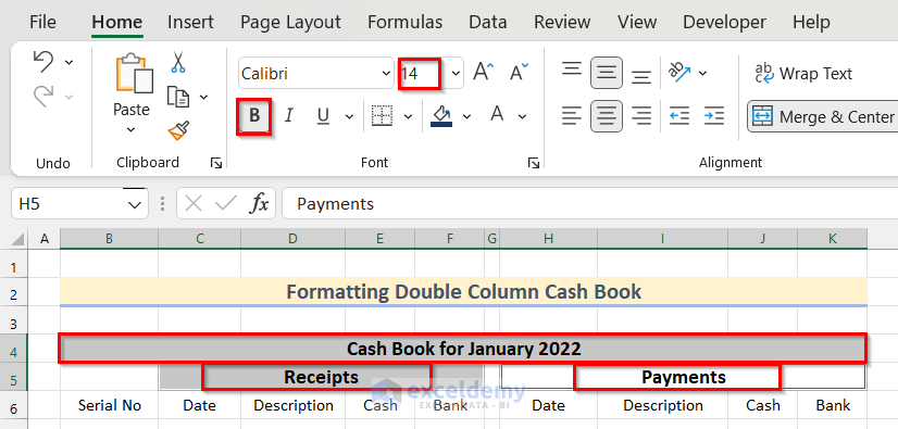 Formatting Headers to Format Double Column Cash Book in Excel