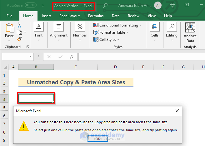 Excel Copy and Paste Not Working Between Workbooks