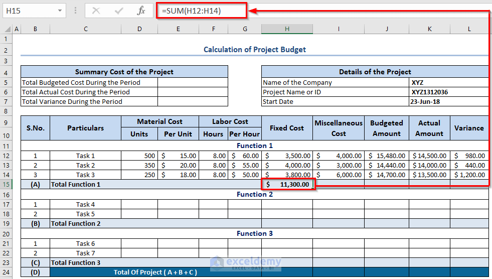 Calculating total Fixed Cost of Function 1