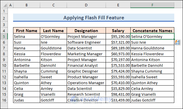 7-using Flash Fill feature to Concatenate names